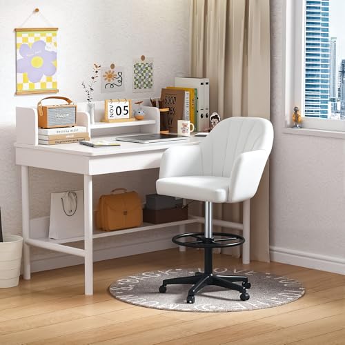 VECELO Home Office Desk Chair with Height Adjustable Seat and Footrest Ergonomic PU Standing Swivel Stool with Back and Arm