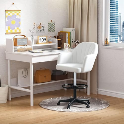 VECELO Home Office Desk Chair with Height Adjustable Seat and Footrest Ergonomic PU Standing Swivel Stool with Back and Arm