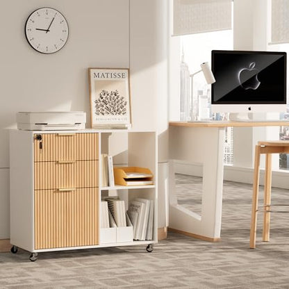 3 Drawer Fluted Mobile Filing Cabinet with Lock, Lateral Rolling Under Desk File Cabinet, Wooden Printer Stand Table for Home Office Essentials Storage Organization Furniture Letters/A4(Oak) - color: Oak-white