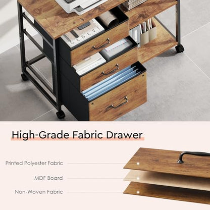 Maihail 3 Drawer File Cabinet with Wheels with Open Storage Shelf - color: Rustic Brown Top+brown Drawer