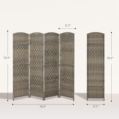HOMCOM 4 Panel Room Divider 6 Ft Privacy Screen Hand-Woven Dark Rustic Oak | Folding PP Wall Partition, Pine Wood Frame, Freestanding Room Separator, Bedroom Home Office, No Assembly - color: Oak, size: 4 Panel