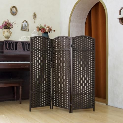 Compact 3 Panel Short Room Divider, 47.2 Inch Tall Double-Sided Rattan Folding Privacy Screen for Home & Office,Dark Brown - color: Dark Brown, size: 3 Panel