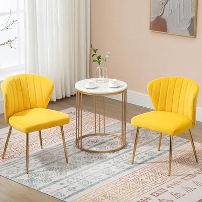 Velvet Dining Chairs Set of 2, Modern Upholstered Vanity Chairs with Golden Metal Legs for Dining Room Kitchen Vanity Patio (Yellow) - color: Yellow