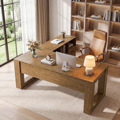 Tribesigns 63-Inch Computer Desk with Rolling File Cabinet, Wood Executive L Shaped Desk, Farmhouse 2 Piece Home Office Set with Drawers for Hanging File and Storage Shelves for Work, Sturdy, Gaming
