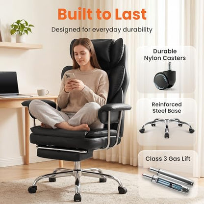 NEO CHAIR Big & Tall Leather Office Chair, High Back, Lumbar Support, Black | Gaming Chair for Adults and Computer Use, Reclining Office Chair with Foot Rest, Comfy Design and Heavy Duty Support - color: Black