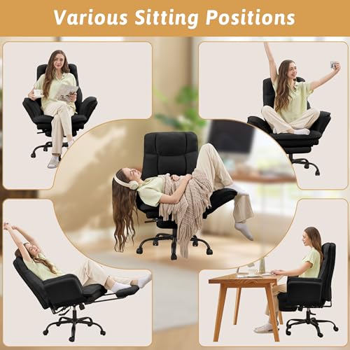 Wider Seat Office Chair with Flip Armrests for Criss Cross Legged&Cats, Big and Tall Executive Ergonomic Reclining Chair with Footrest&Lumbar Pillow, Teddy Fleece Desk Chair,Black Vanity Chair - color: Black