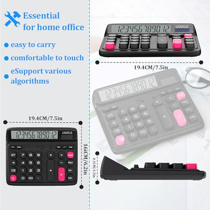 Desktop Calculator with Extra Large 5-Inch LCD Display, 12-Digit Two Way Power Solar & Battery Office Calculator with Big Buttons for Business, Accounting & Home Use(Black) - color: Black