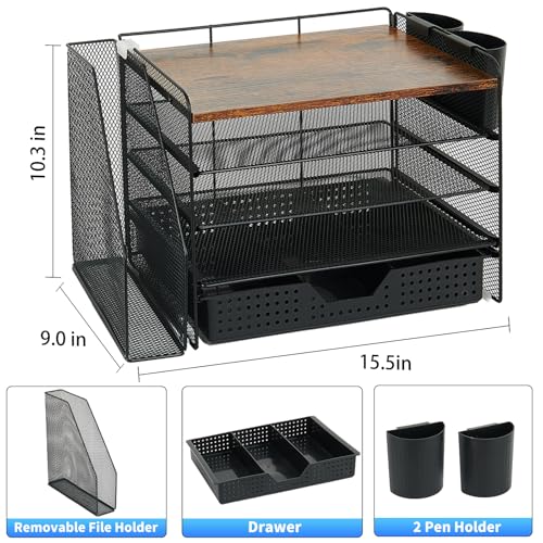 OPNICE Desk Organizer, 5-Tier Desktop File Organizer with Drawer and Pen Holders, Office Desk Accessories, File Sorters, Workspace Organizers for Office Supplies(Wood) - color: Wood, size: 5T