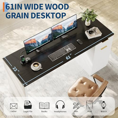 Garvee Executive Desk with Drawer and Power Outlet | 61" Large Farmhouse Computer Desk Home Office Wood Executive Desk with Adjustable Shelf for Work Study Writing,White/Black - color: White-black