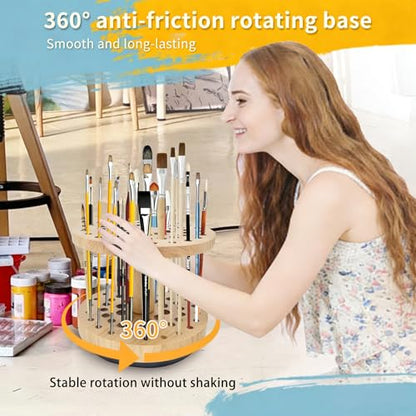 Rotating Paint Brush Holder, 360° Smooth Rot Hardwood Artist Organizer - color: Yellow（52 Holes）
