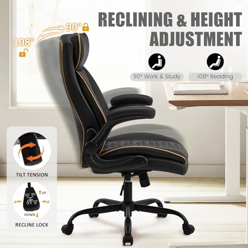 Leather Executive Office Chair, Computer Desk Chair with Lumbar Support, Comfortable Home Office Chairs 400lbs with Padded Flip-up Armrests, Height Adjustable, Tilting Function, Black - color: Black