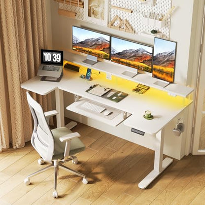 63 Inch U Shaped Electric Standing Desk with Keyboard Tray, White | Power Outlet, Monitor Stand, LED Light, 3 Presets, 28.3"-46.5"in Range, 154 lb Capacity - color: White, size: 63 Inch