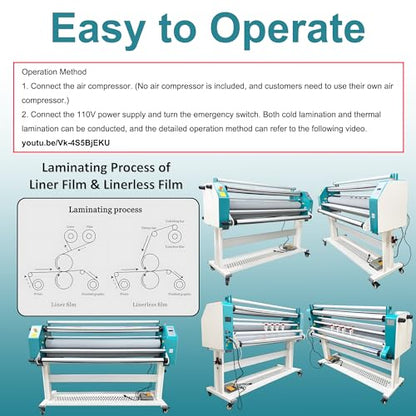64" Full Automatic Pneumatic Laminating Machine, 110V Single Sided Laminator, 1.38" Max Thickness, Hot & Cold Roll Laminator with Foot Pedal & 4 Cutters, for Advertising, Printing, Packaging