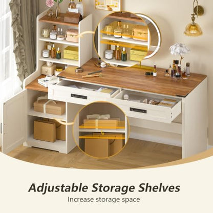 60" Computer Desk with Drawers & Bookshelves for Bedroom, Home Office - color: Antique White