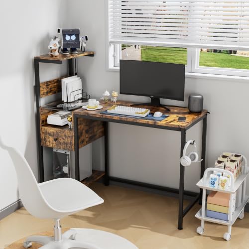 Computer Desk with Power Outlet & Storage, Ideal for Home Office Study (Brown)