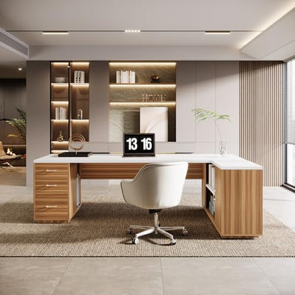 Tribesigns 86" L-Shaped Executive Office Desk, Extra Large Home Office Desk - color: White&walnut