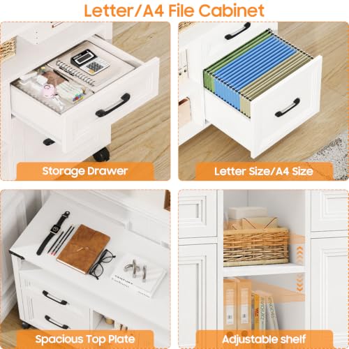 Halitaa Farmhouse Filing Cabinet with Adjustable Shelf & Wheels, White - color: Cream White, size: 4 Drawers&Wheels