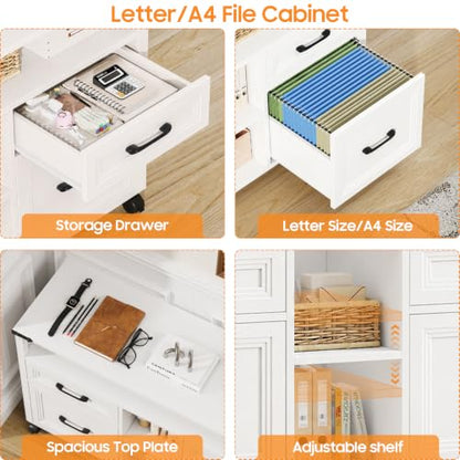 Halitaa Farmhouse Filing Cabinet with Adjustable Shelf & Wheels, White - color: Cream White, size: 4 Drawers&Wheels