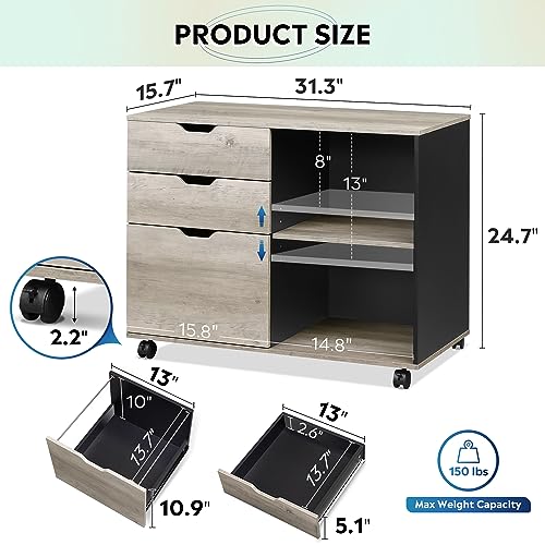 DEVAISE 3-Drawer Wood File Cabinet, Mobile Lateral Filing Cabinet, Printer Stand with Open Storage Shelves for Home Office, Greige | Mobile Printer Stand, Open Storage Shelves, Letter & A4 Compatible, Wood, Home Office - color: Greige