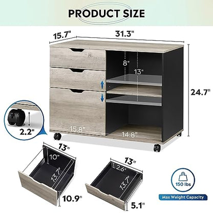 DEVAISE 3-Drawer Wood File Cabinet, Mobile Lateral Filing Cabinet, Printer Stand with Open Storage Shelves for Home Office, Greige | Mobile Printer Stand, Open Storage Shelves, Letter & A4 Compatible, Wood, Home Office - color: Greige