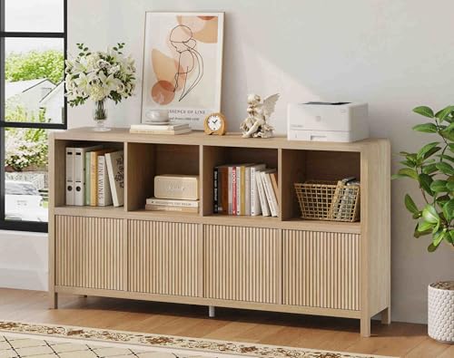 8 Cube Bookshelf with 4 Doors, Modern Mid Century Wood Book Shelf with Storage, Low Horizontal Cubby Bookcase for Home Office (Light Walnut) - color: Light Walnut With 4 Doors