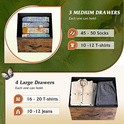 WLIVE 7 Drawer Dresser TV Stand, Entertainment Center, Media Console Table with Metal Frame and Wood Top for TV up to 45 inch, Chest of Drawers for Bedroom, Living Room, Rustic Brown Wood Grain Print - color: Rustic Brown Wood Grain Print