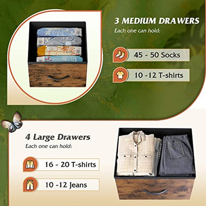 WLIVE 7 Drawer Dresser TV Stand, Entertainment Center, Media Console Table with Metal Frame and Wood Top for TV up to 45 inch, Chest of Drawers for Bedroom, Living Room, Rustic Brown Wood Grain Print - color: Rustic Brown Wood Grain Print