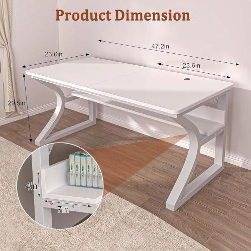 47'' Computer Desk Home Office Desk, Modern Computer Desk w/U Shaped Metal Frame, Storage Shelves, PC Table Study Writing Desk Workstation for Home Office (47inch/White) - size: 47inch/white