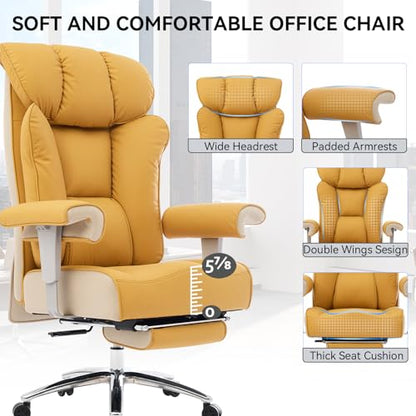 Efomao Big and Tall Green Office Chair 450LBS – Ergonomic High-Back Executive Chair with Footrest, Adjustable Padded Armrests, PU Leather Computer Chair with Lumbar Support for Home or Office, Yellow - color: 3060-yellow