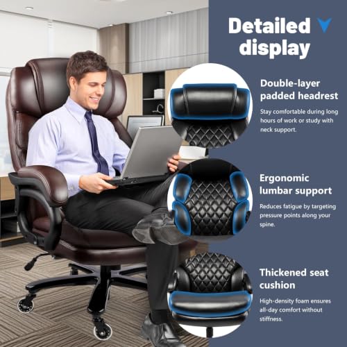 800LBS Big and Tall Office Chair for Heavy People, Heavy Duty Executive Chair with High Back, Extra Wide Seat and Adjustable Lumbar, Large Computer Desk Chair Comfortable for Home Office - color: Brown