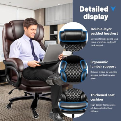 800LBS Big and Tall Office Chair for Heavy People, Heavy Duty Executive Chair with High Back, Extra Wide Seat and Adjustable Lumbar, Large Computer Desk Chair Comfortable for Home Office - color: Brown