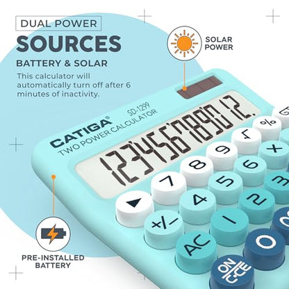 CATIGA Mechanical Switch Calculator with Solar and Battery Dual Power, 12-Digit Large LCD Display, Aesthetic and Cute Desktop Calculator with Big Button, for Home, School and Office Use, SD-1299 - color: Z) Aqua Blue