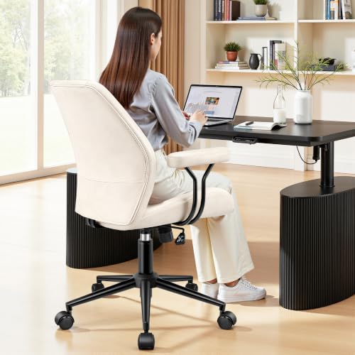 Leather Office Chair with Removable Armrests, Mid Back Ergonomic Desk Chair with Lumbar Support, Adjustable Height Rocking Swivel Executive Chair for Home Office, White - color: White