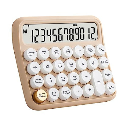 Large LCD Display Calculator, Big Button 12 Digit Mechanical Desktop Calculator with Anti Slip Bottom Pad, Removable Keycaps, Auto Shutdown Function for Office (Milk Tea Color)