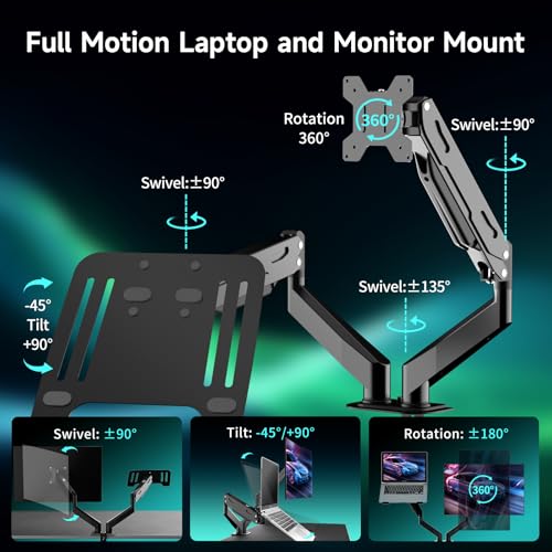 Pholiten Monitor and Laptop Mount for Max 32" Screen and 17" Notebook | Dual Monitor Mount Holds up to 22lbs Each, Laptop Tray Stand with Gas Spring Arm, VESA 75x75/100x100mm