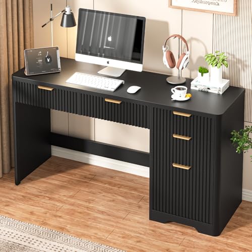 Vabches 59" Fluted Executive Desk with Adjustable File Drawer, Pure Black | Workstation,Computer Desk with 4 Storage Drawers, for Home Office, Study, Writing