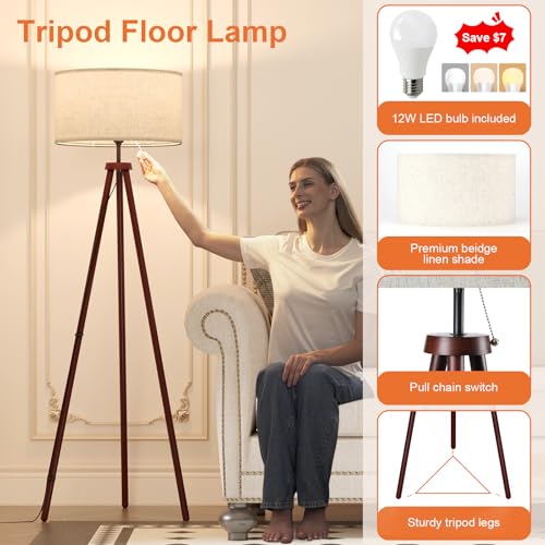 LiteHistory Wood Tripod Floor Lamps for Bedroom, Living Room, and Office, Corner lamp with Beige Linen Shade, 12W Three-Color Bulb Included, Pull Chain Switch, Gifts for mom for Home Decor, Walnut - color: Walnut floor lamps