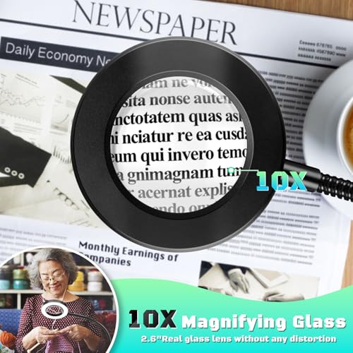 10X Magnifying Glass with Light and Stand,Hands Free Clip on Magnifier Lamp - color: Black