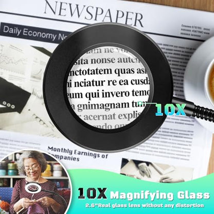 10X Magnifying Glass with Light and Stand,Hands Free Clip on Magnifier Lamp - color: Black