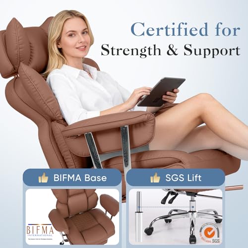 DUMOS Big and Tall Home Office Desk Chair, Executive Chair with Footrest - color: Brown, size: Fix Armrest