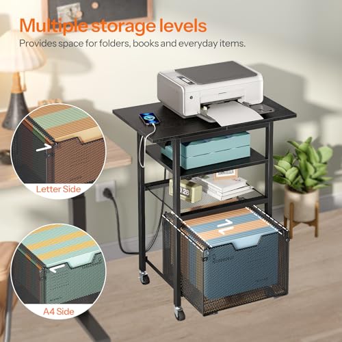 HOOBRO Printer Stand with Hanging File Drawer, Rolling Printer Cart on Wheels, Mobile Filing Cabinet Storage Shelf, Home Office Desk Side Organizer, Black BB17UPS01 - color: Black