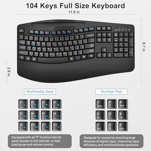 Wireless Keyboard and Mouse Combo, Full Size Ergonomic Wave Keys(Black) - color: Black