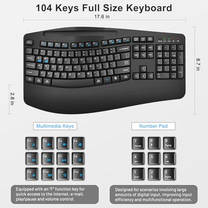 Wireless Keyboard and Mouse Combo, Full Size Ergonomic Wave Keys(Black) - color: Black