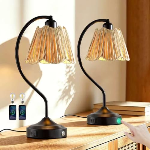 Set of 2 Vintage Small Touch Table Lamps with USB A+C Ports | 3-Way Dimmable Bedside Lamp, Retro Rattan Shade Curved Arm Desk Lamp for Bedroom Living Room Nightstand, Bulb Included - color: Black
