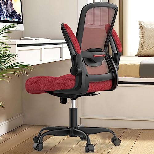 Ergonomic Office Chair w/Adjustable Lumbar, Flip Armrest, 135° Recline - color: Red, Carmine Roses