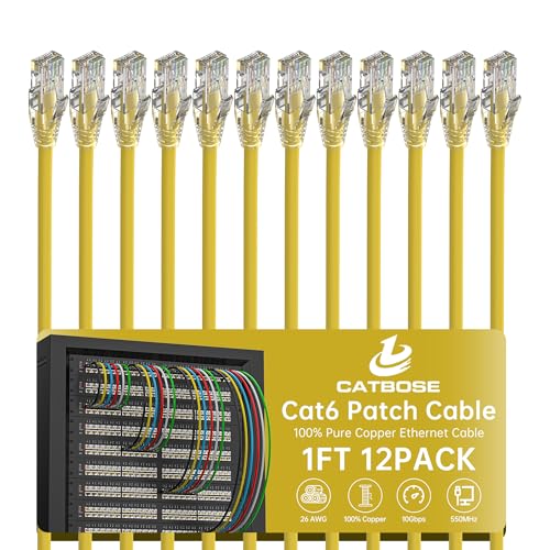 1 Foot Cat6 Patch Cables(12 Pack), Solid Pure Copper Patch Cord, Cat 6 Ethernet Cable, UTP Network, High Speed RJ45 Internet Cables, Compatible for Router, Switche, PC, Server, PS4/5, Xbox - Yellow - color: Yellow, size: 1FT, style: 12 Pack