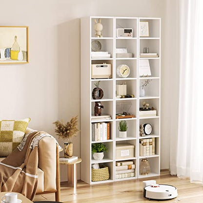 FOTOSOK Bookshelf Bookcase 8-Tier Narrow Bookshelf Tall CD Media Tower Rack | 11.6 X 9.3 X 70.9 White Bookshelf, Tall Narrow Slim Skinny Display Bookcase with Cube Storage and 4 Adjustable Shelves - color: White