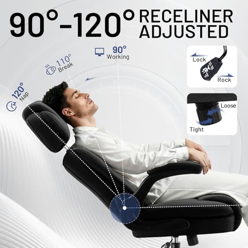 Ergonomic Office Chair with Lumbar Support, 400lbs Heavy Duty Big and Tall Executive Desk Chair, PU Leather High Back Computer Chair with Flip-Up Arms & Adjustable Headrest, Black - color: Black, size: Adjustable Headrest Office Chair