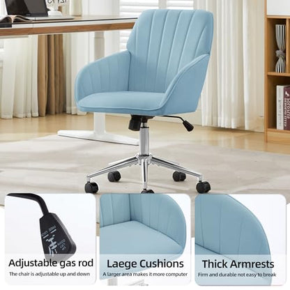 YITAI Velvet Office Desk Armchairs with Silver Base and Wheels,Modern Height Adjustable 360 Degree Swivel Upholstered Vanity Chairs for Living/Room Bedroom/Study,Light Blue - color: Silver Blue