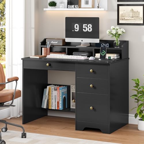 TTVIEW Computer Desk with Drawers and Hutch Shelf, Wood Executive Desk Writing Study Table with 43” Wide Tabletop, Small Desk with File Drawer for Home Office Bedroom, Black - color: Black